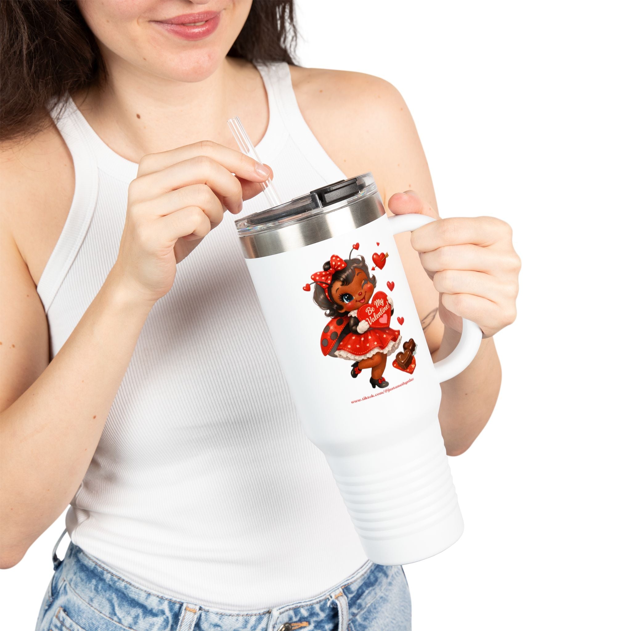 "Be My Valentine!", Retro Cute Vintage Valentine Design, 40oz Insulated Travel Mug, Valentine "Luv", the Ladybug