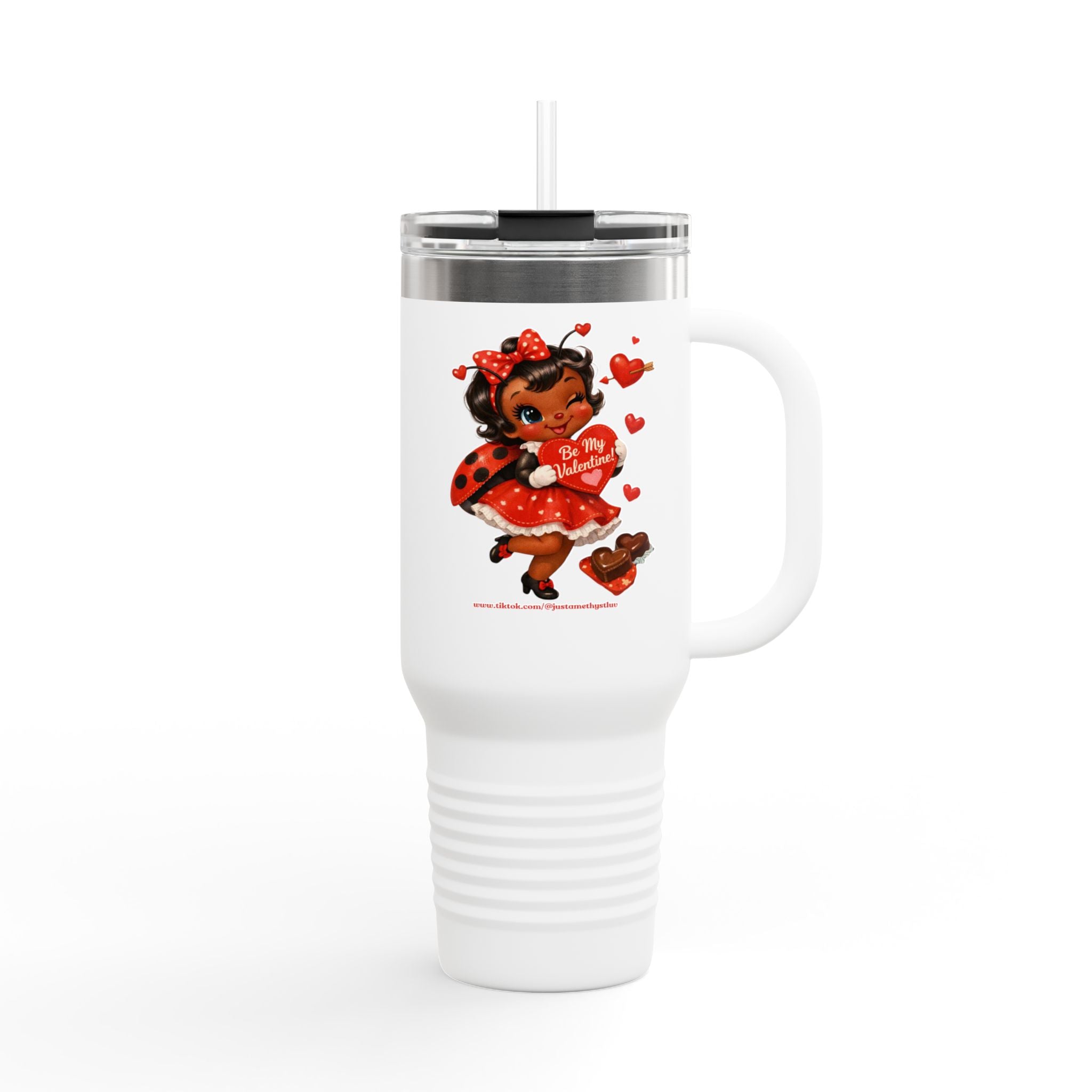 "Be My Valentine!", Retro Cute Vintage Valentine Design, 40oz Insulated Travel Mug, Valentine "Luv", the Ladybug